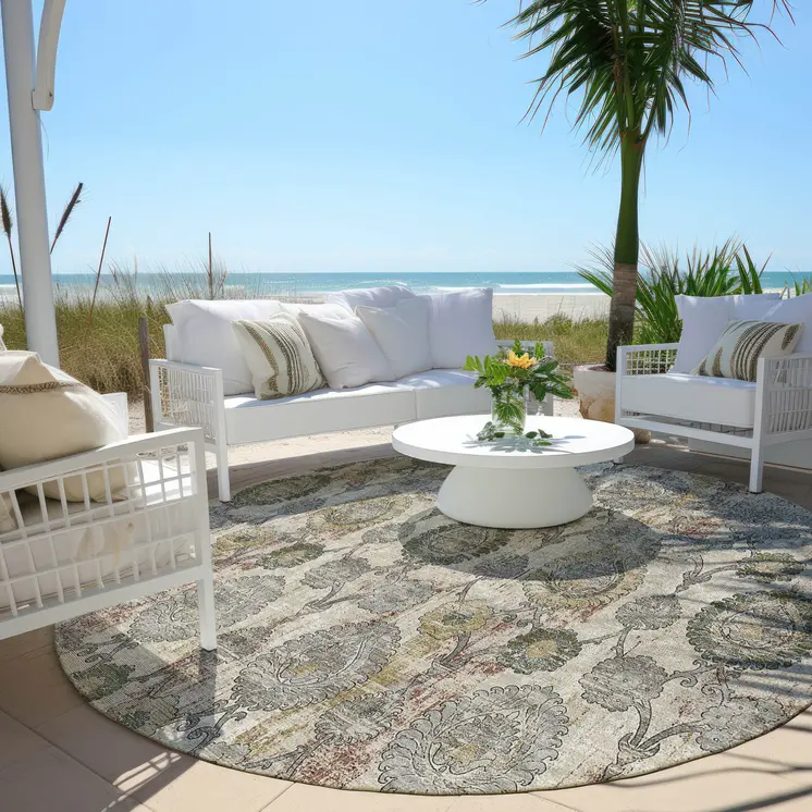 8' Beige Taupe And Green Round Damask Washable Indoor Outdoor Area Rug