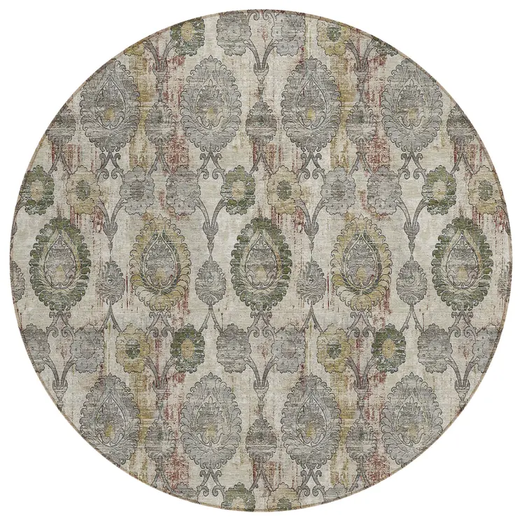 8' Beige Taupe And Green Round Damask Washable Indoor Outdoor Area Rug