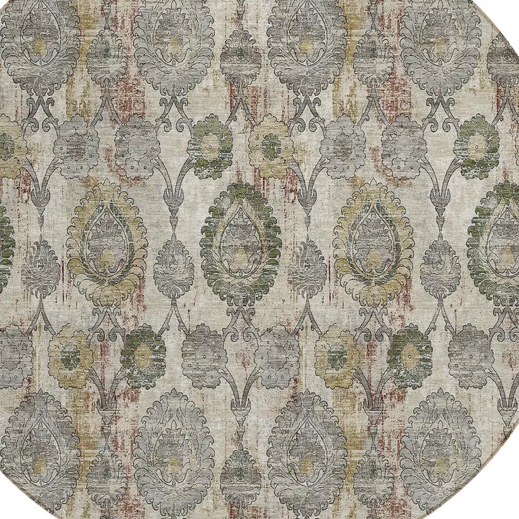 8' Beige Taupe And Green Round Damask Washable Indoor Outdoor Area Rug