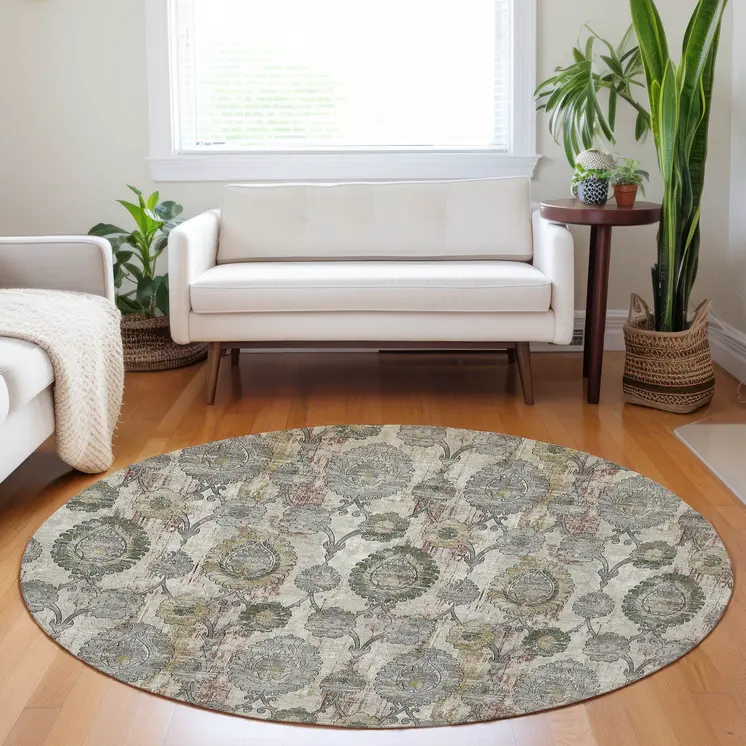 8' Beige Taupe And Green Round Damask Washable Indoor Outdoor Area Rug