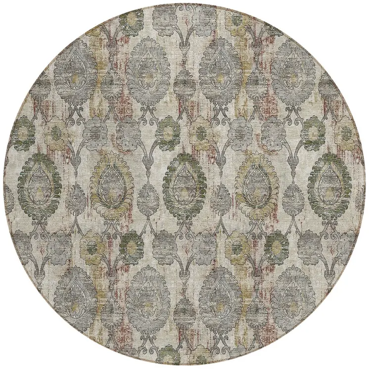 8' Beige Taupe And Green Round Damask Washable Indoor Outdoor Area Rug