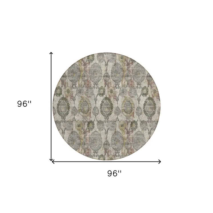 8' Beige Taupe And Green Round Damask Washable Indoor Outdoor Area Rug
