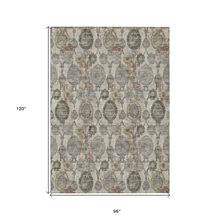 8' X 10' Beige Taupe And Green Damask Washable Indoor Outdoor Area Rug