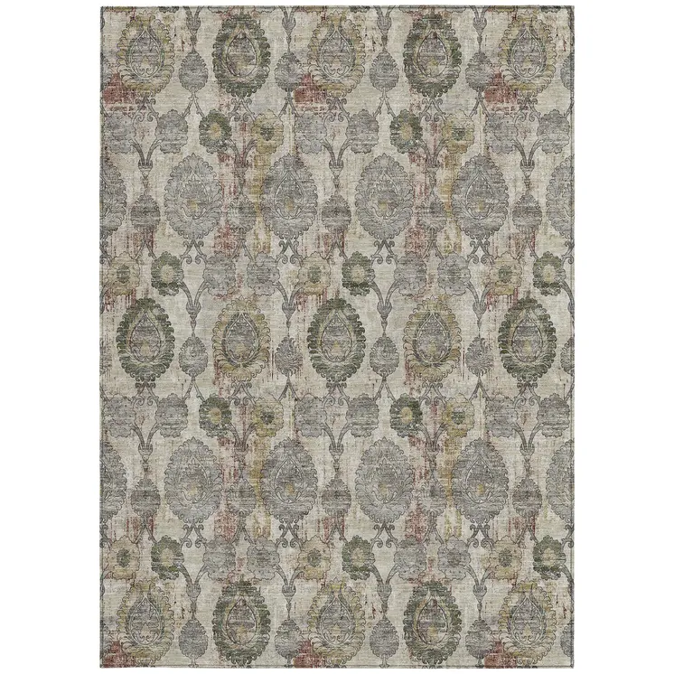9' X 12' Beige Taupe And Green Damask Washable Indoor Outdoor Area Rug
