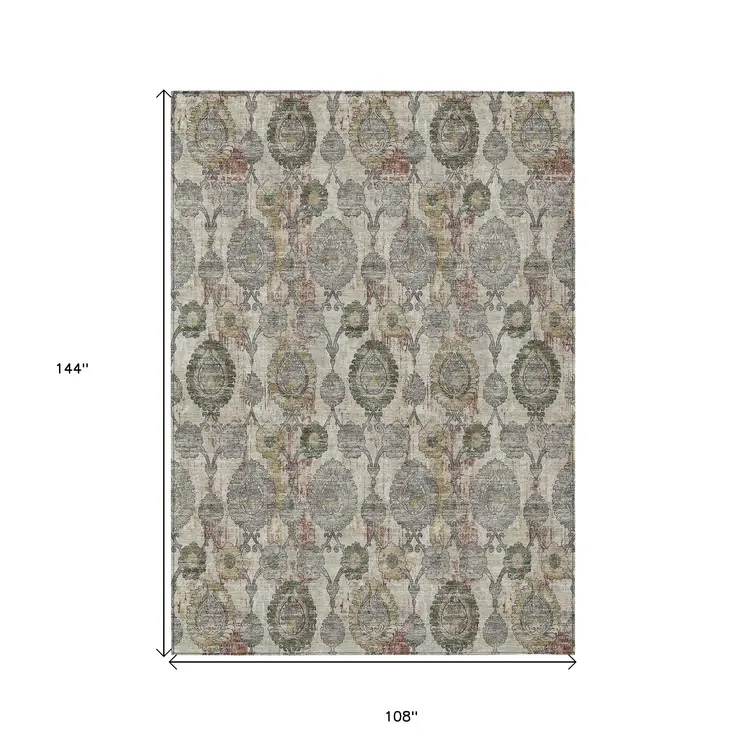 9' X 12' Beige Taupe And Green Damask Washable Indoor Outdoor Area Rug