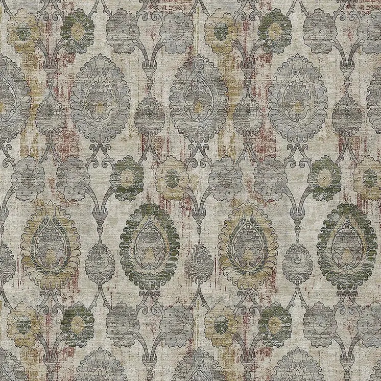 9' X 12' Beige Taupe And Green Damask Washable Indoor Outdoor Area Rug