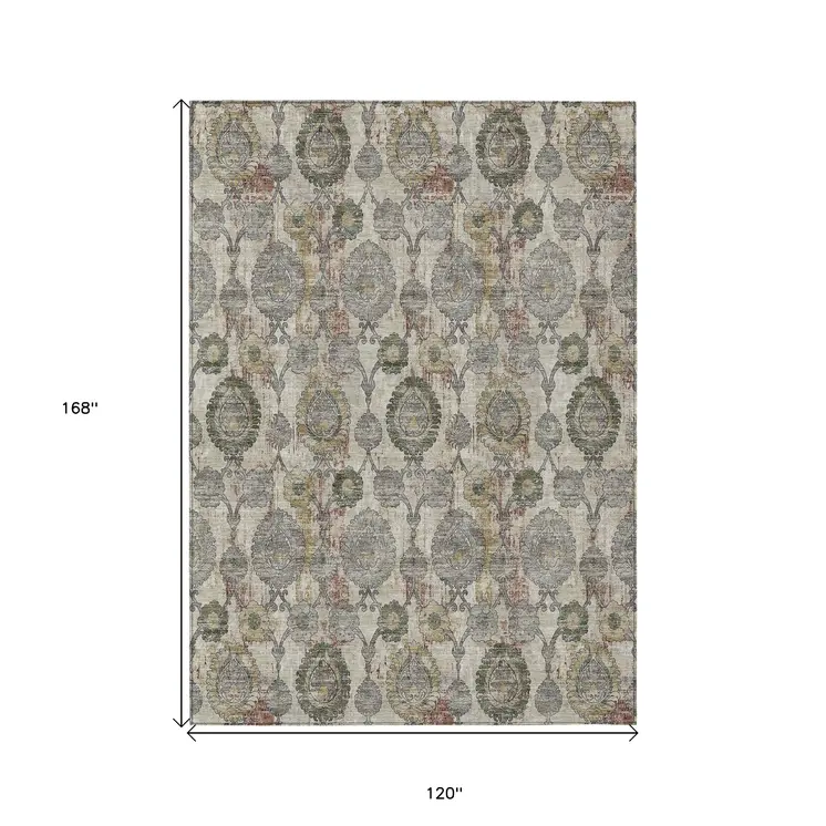 10' X 14' Beige Taupe And Green Damask Washable Indoor Outdoor Area Rug