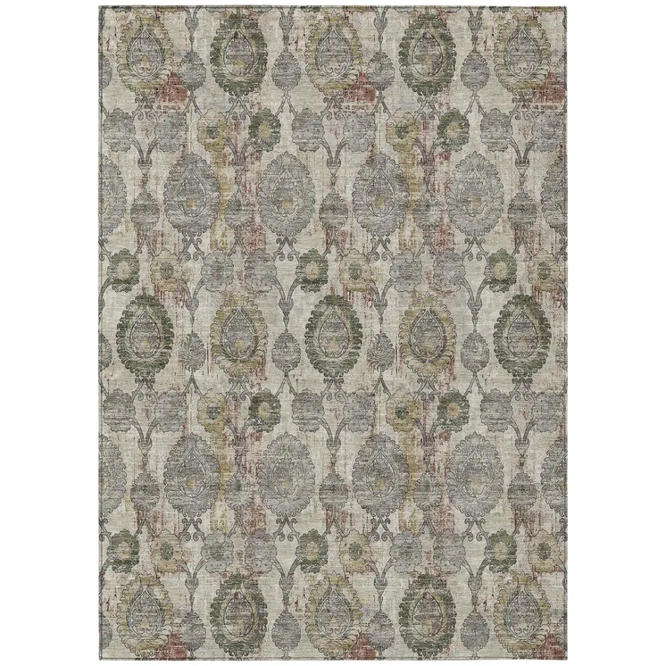 10' X 14' Beige Taupe And Green Damask Washable Indoor Outdoor Area Rug
