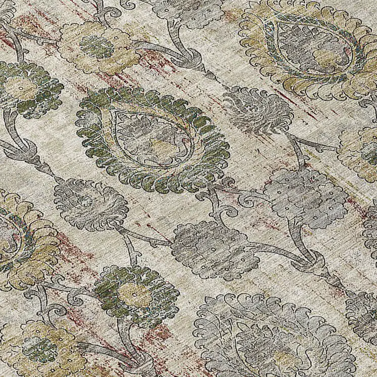 10' X 14' Beige Taupe And Green Damask Washable Indoor Outdoor Area Rug