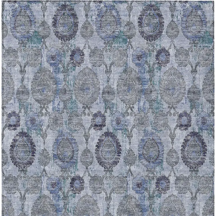 5' X 8' Navy Blue And Sky Blue Damask Washable Indoor Outdoor Area Rug