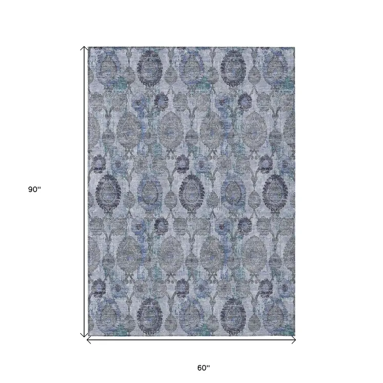 5' X 8' Navy Blue And Sky Blue Damask Washable Indoor Outdoor Area Rug