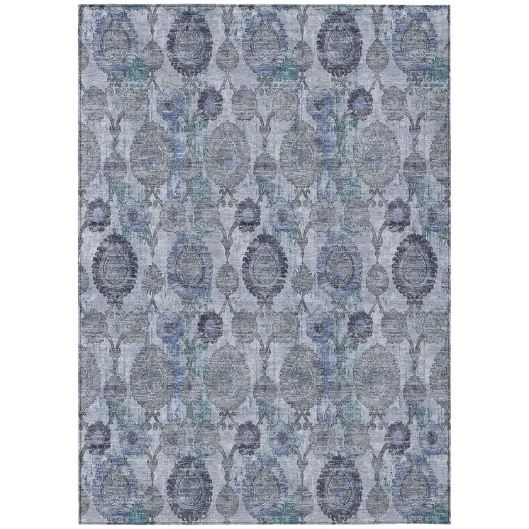 5' X 8' Navy Blue And Sky Blue Damask Washable Indoor Outdoor Area Rug