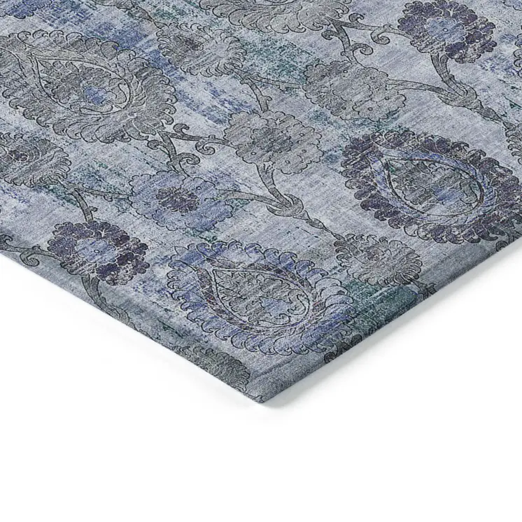 5' X 8' Navy Blue And Sky Blue Damask Washable Indoor Outdoor Area Rug