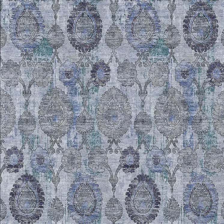 5' X 8' Navy Blue And Sky Blue Damask Washable Indoor Outdoor Area Rug