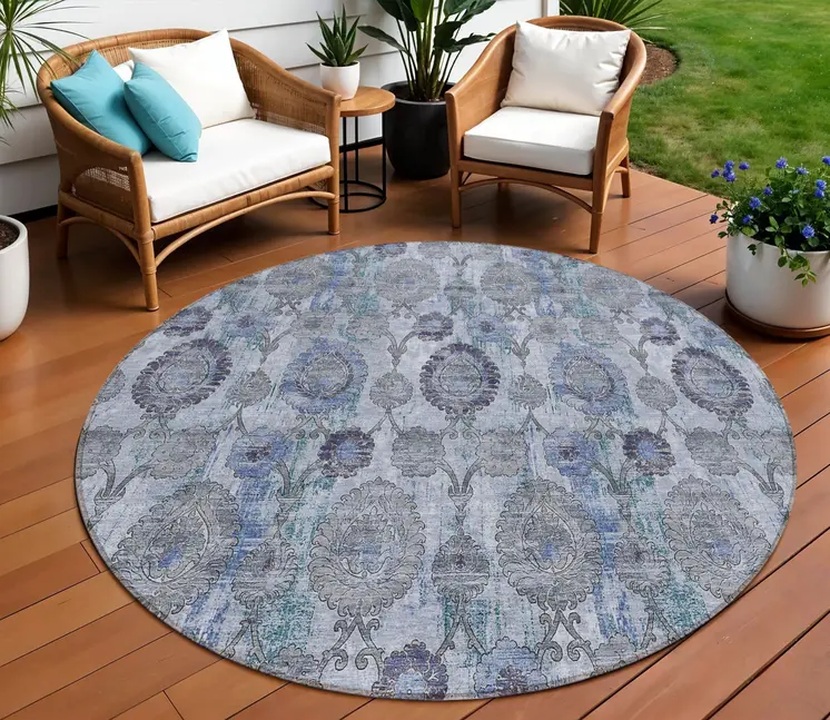 8' Navy Blue And Sky Blue Round Damask Washable Indoor Outdoor Area Rug