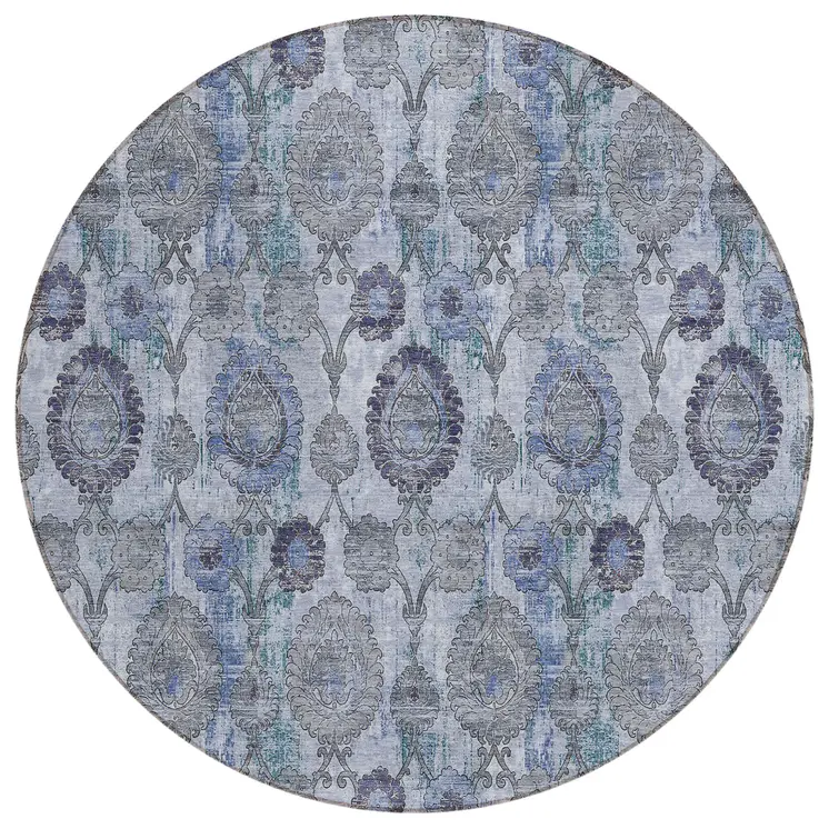 8' Navy Blue And Sky Blue Round Damask Washable Indoor Outdoor Area Rug