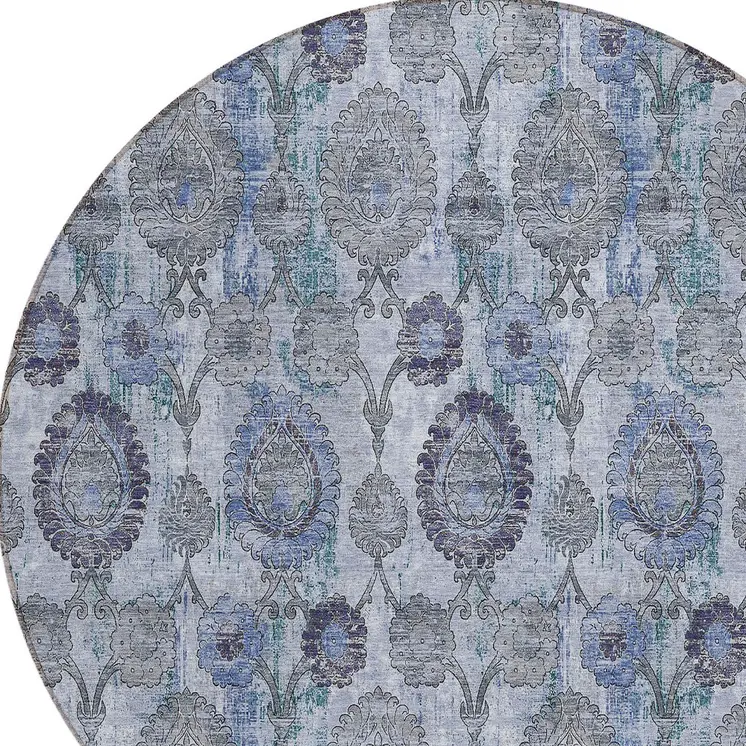 8' Navy Blue And Sky Blue Round Damask Washable Indoor Outdoor Area Rug