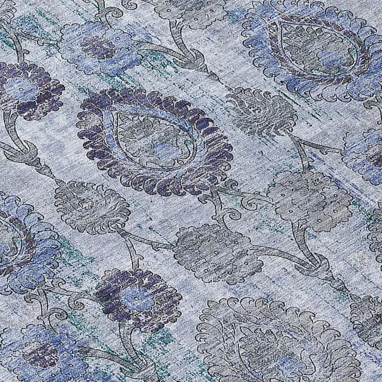 8' Navy Blue And Sky Blue Round Damask Washable Indoor Outdoor Area Rug