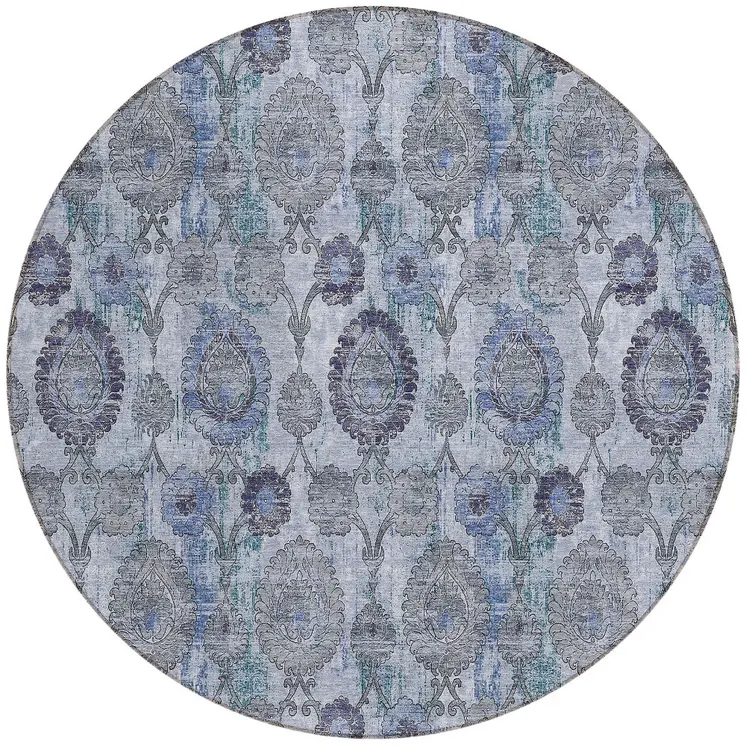 8' Navy Blue And Sky Blue Round Damask Washable Indoor Outdoor Area Rug