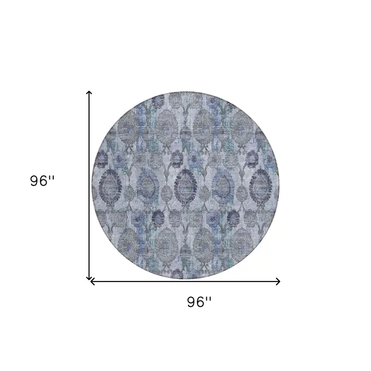 8' Navy Blue And Sky Blue Round Damask Washable Indoor Outdoor Area Rug