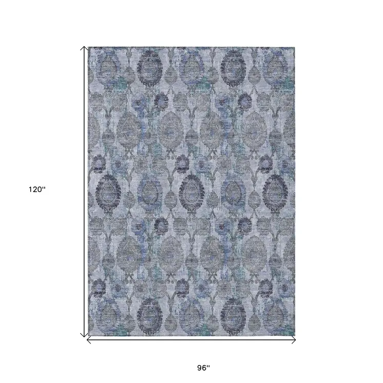 8' X 10' Navy Blue And Sky Blue Damask Washable Indoor Outdoor Area Rug