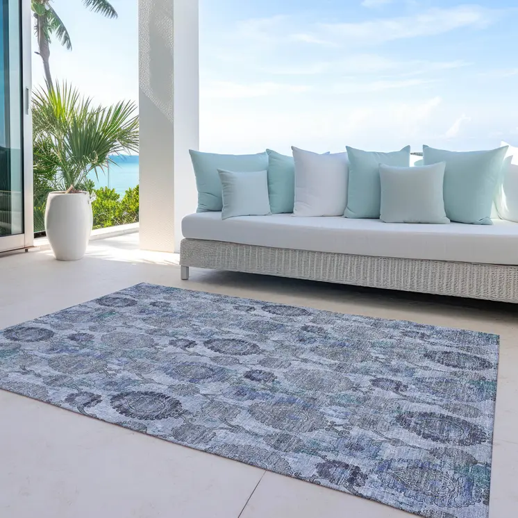 8' X 10' Navy Blue And Sky Blue Damask Washable Indoor Outdoor Area Rug