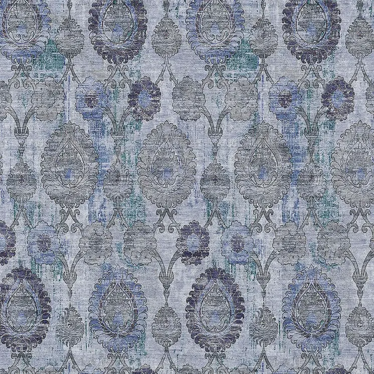 8' X 10' Navy Blue And Sky Blue Damask Washable Indoor Outdoor Area Rug