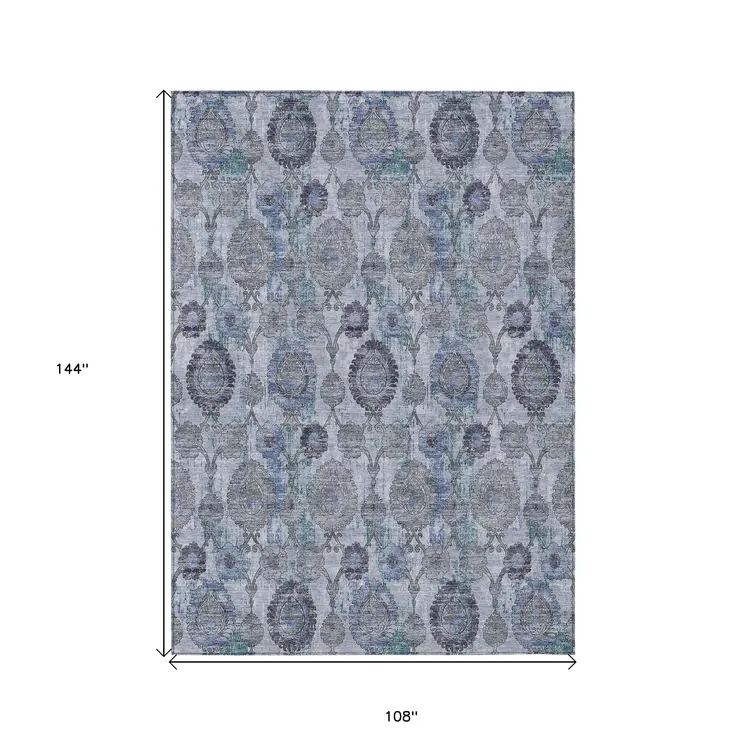 9' X 12' Navy Blue And Sky Blue Damask Washable Indoor Outdoor Area Rug