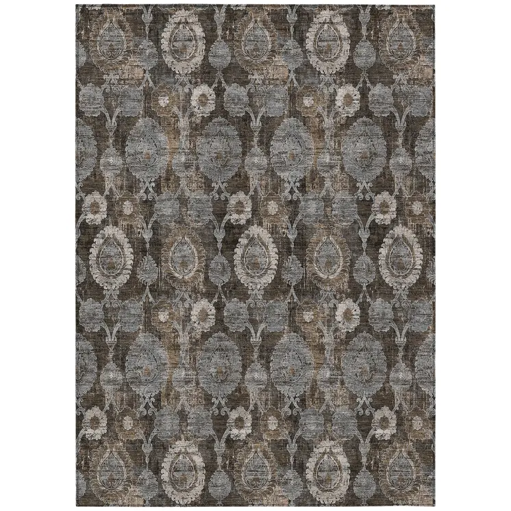 3' X 5' Brown And Beige Damask Washable Indoor Outdoor Area Rug