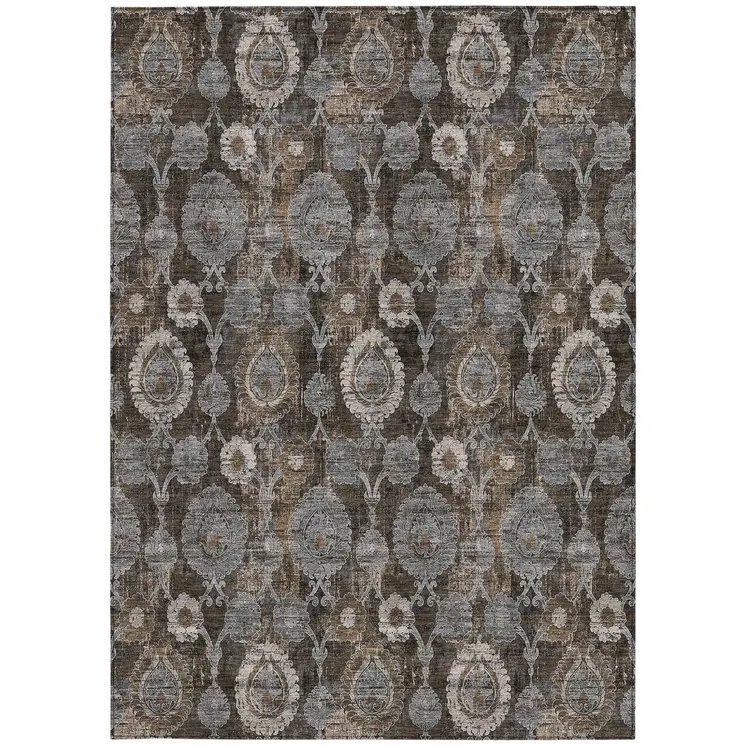 3' X 5' Brown And Beige Damask Washable Indoor Outdoor Area Rug