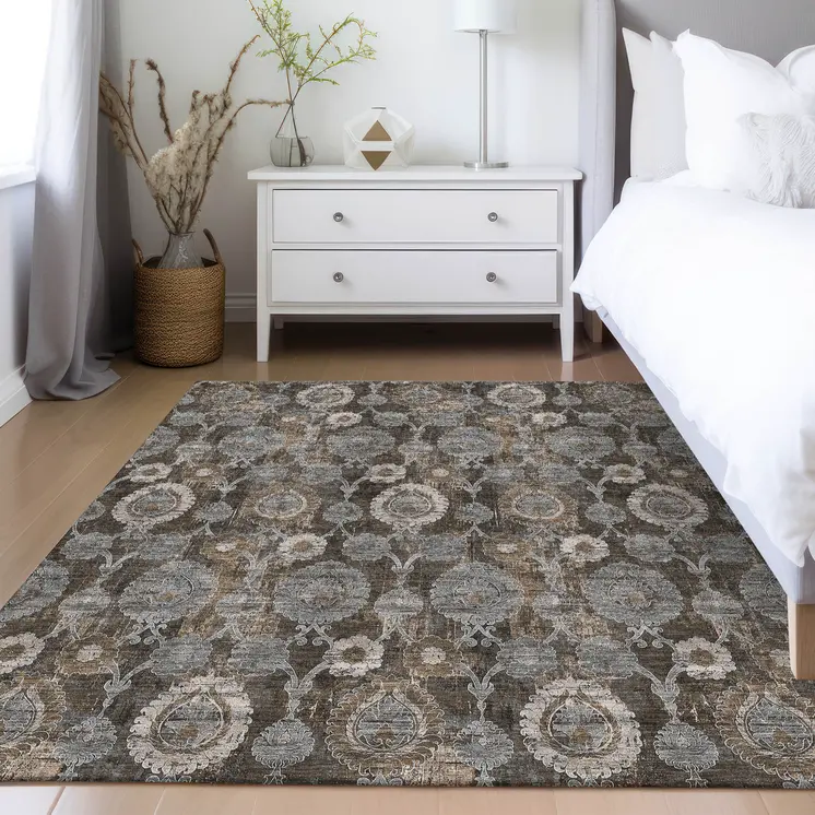 3' X 5' Brown And Beige Damask Washable Indoor Outdoor Area Rug