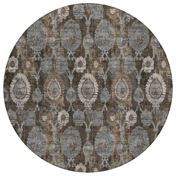8' Brown And Beige Round Damask Washable Indoor Outdoor Area Rug