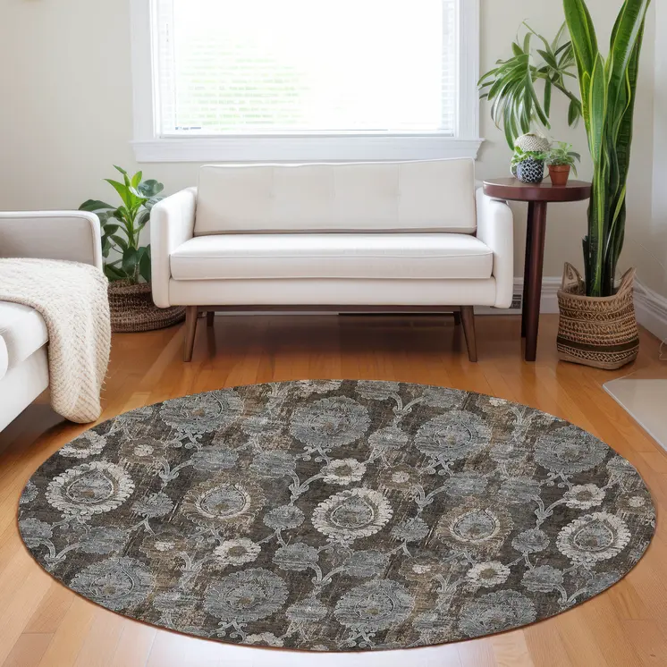 8' Brown And Beige Round Damask Washable Indoor Outdoor Area Rug