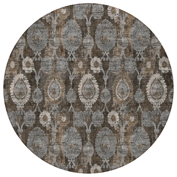 8' Brown And Beige Round Damask Washable Indoor Outdoor Area Rug