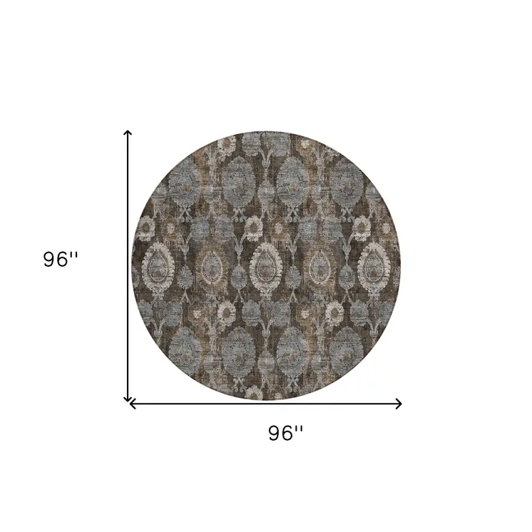 8' Brown And Beige Round Damask Washable Indoor Outdoor Area Rug