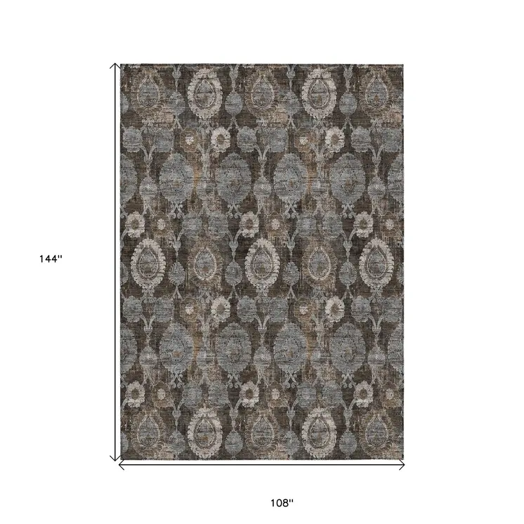 9' X 12' Brown And Beige Damask Washable Indoor Outdoor Area Rug