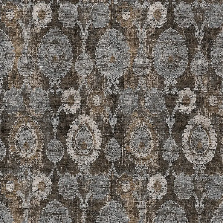 9' X 12' Brown And Beige Damask Washable Indoor Outdoor Area Rug