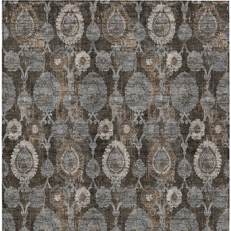 10' X 14' Brown And Beige Damask Washable Indoor Outdoor Area Rug
