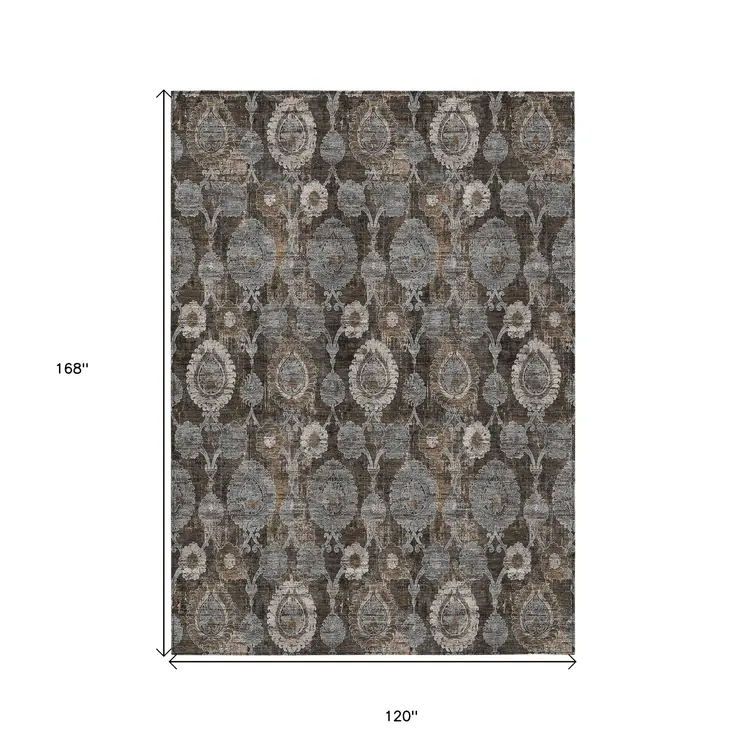 10' X 14' Brown And Beige Damask Washable Indoor Outdoor Area Rug