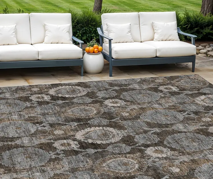 10' X 14' Brown And Beige Damask Washable Indoor Outdoor Area Rug
