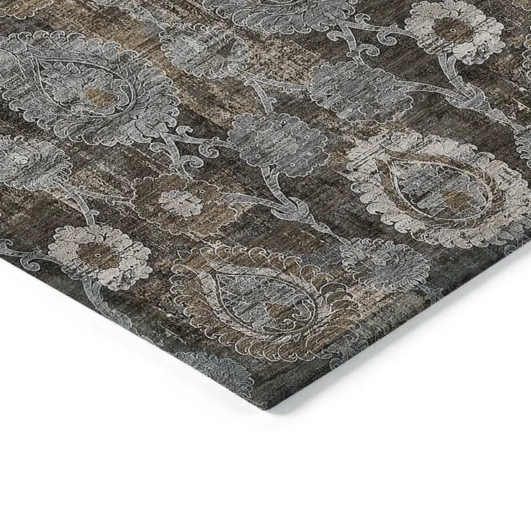 10' X 14' Brown And Beige Damask Washable Indoor Outdoor Area Rug