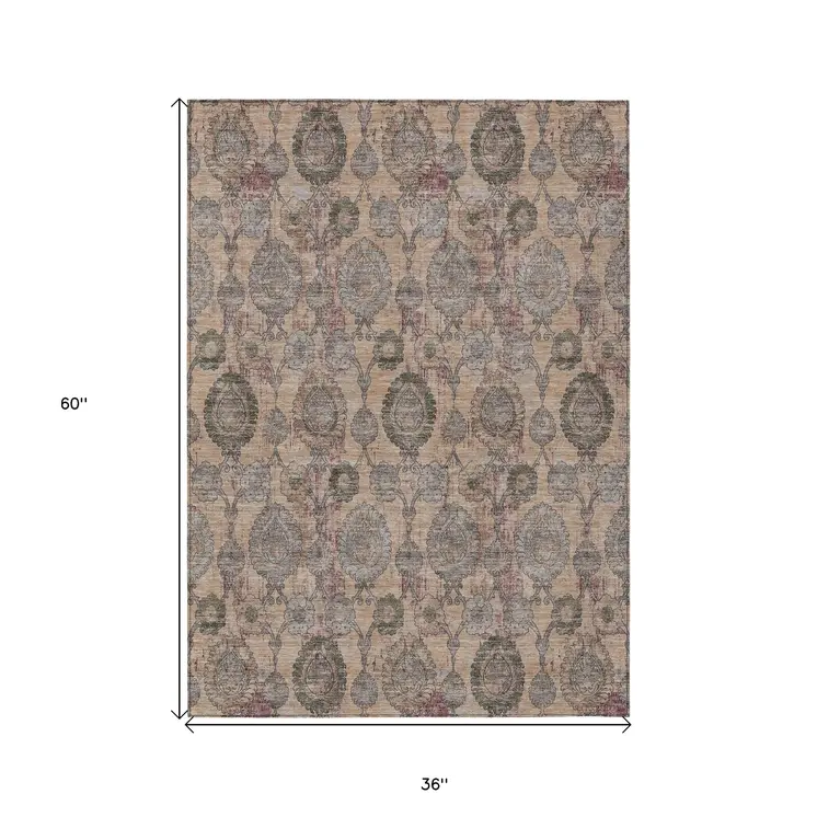 3' X 5' Coral Gray And Green Damask Washable Indoor Outdoor Area Rug