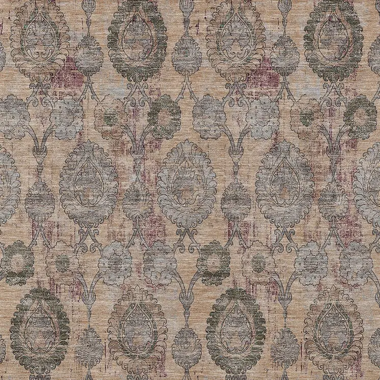 3' X 5' Coral Gray And Green Damask Washable Indoor Outdoor Area Rug