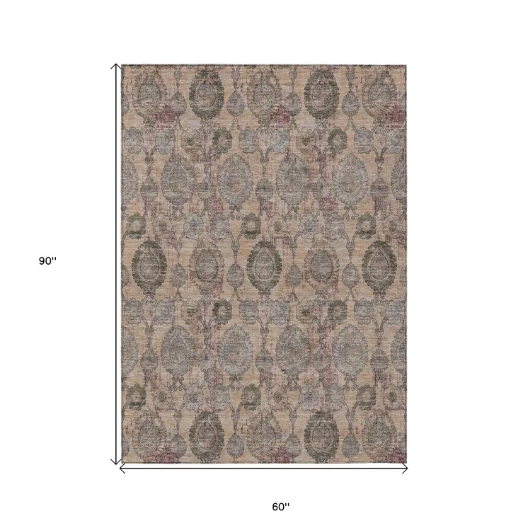 5' X 8' Coral Gray And Green Damask Washable Indoor Outdoor Area Rug