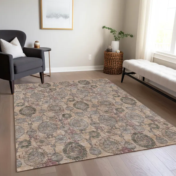 5' X 8' Coral Gray And Green Damask Washable Indoor Outdoor Area Rug