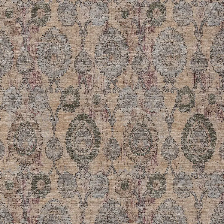 8' X 10' Coral Gray And Green Damask Washable Indoor Outdoor Area Rug