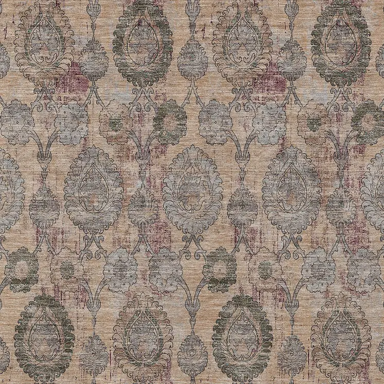 9' X 12' Coral Gray And Green Damask Washable Indoor Outdoor Area Rug