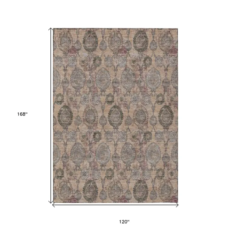 10' X 14' Coral Gray And Green Damask Washable Indoor Outdoor Area Rug