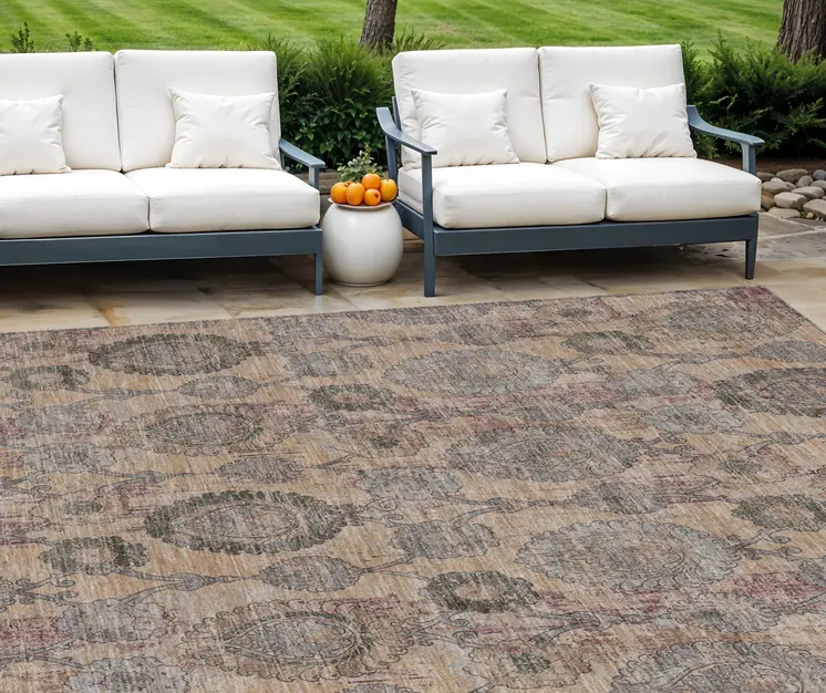 10' X 14' Coral Gray And Green Damask Washable Indoor Outdoor Area Rug
