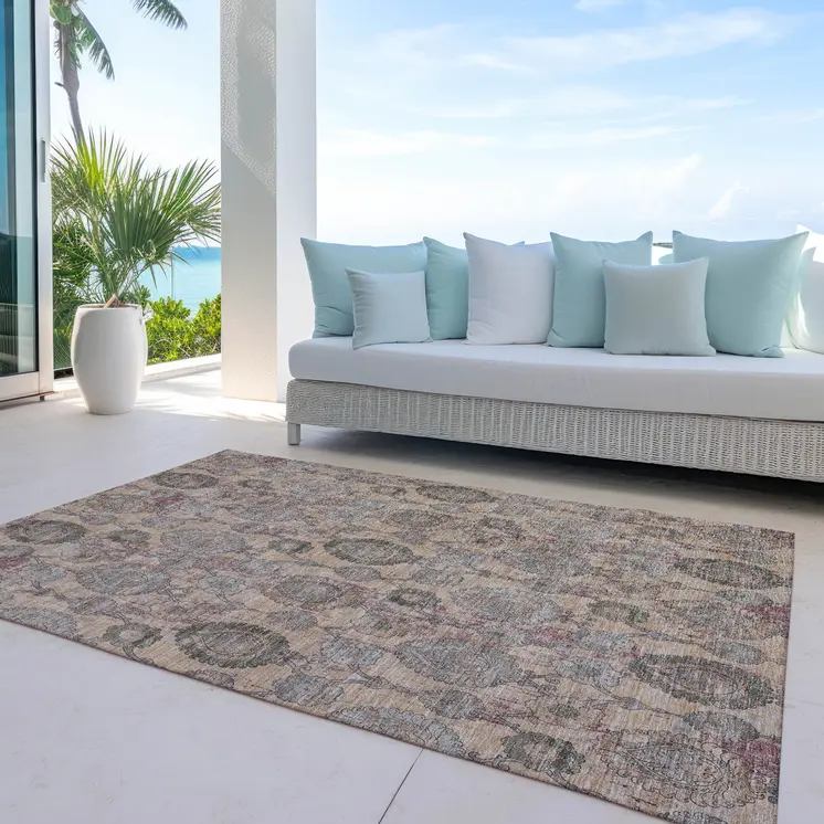 10' X 14' Coral Gray And Green Damask Washable Indoor Outdoor Area Rug